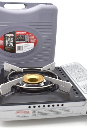 Chef Master 90235 Butane Countertop Stove 12,000 BTU, Professional Quality, Portable, with Carry Case, High Performance, Electronic Ignition, Brass Burner, Double Wind Guard, 1 Burner